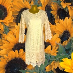 Vtg cream lasercut lace short dress bell sleeve 3D floral mesh romantic L